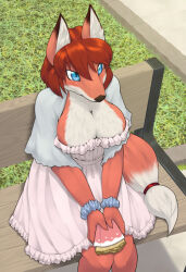 Rule 34 | 1girl, animal ear fluff, animal ears, animal nose, bad id, bad pixiv id, blue eyes, blue scrunchie, blue sleeves, blush, bob cut, body fur, breasts, cleavage, closed mouth, collarbone, crepe, day, dress, female focus, food, fox ears, fox girl, fox tail, frilled dress, frills, from above, furry, furry female, grass, holding, holding food, kame (3t), large breasts, light blush, looking up, on bench, original, outdoors, own hands together, raglan sleeves, red fur, red hair, red ribbon, ribbon, scrunchie, short hair, short sleeves, sidelocks, sitting, snout, solo, tail, tail ornament, tail ribbon, two-tone fur, white dress, white fur, wrist scrunchie