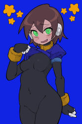 Rule 34 | 1girl, absurdres, aile (mega man zx), black bodysuit, blue background, blush, bodysuit, bodysuit under clothes, breasts, brown hair, buzzlyears, clothes lift, commentary, covered navel, cowboy shot, cropped jacket, gluteal fold, green eyes, highres, jacket, jacket lift, looking at viewer, mega man (series), mega man zx, nervous smile, nervous sweating, no pants, robot ears, short hair, simple background, small breasts, smile, solo, star (symbol), sweat