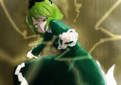 Rule 34 | 1girl, aiming, aiming at viewer, brown background, clenched hand, dress, frown, ghost tail, green eyes, green hair, hat, kameyan, lightning, long sleeves, matching hair/eyes, outstretched arm, pointing, pointing at viewer, short hair, soga no tojiko, solo, tate eboshi, touhou