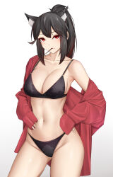 Rule 34 | 1girl, absurdres, animal ear fluff, animal ears, arknights, black bra, black hair, black panties, bra, breasts, casperrin, commentary, cowboy shot, english commentary, highres, large breasts, looking at viewer, navel, open clothes, panties, ponytail, red eyes, red shirt, shirt, simple background, solo, texas (arknights), underwear, wolf ears