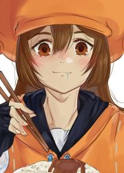 Rule 34 | 1girl, arc system works, blush, brown eyes, brown hair, chopsticks, curry, curry rice, drooling, fingerless gloves, food, gloves, guilty gear, guilty gear strive, hair between eyes, hat, highres, holding, holding chopsticks, hood, hoodie, hungry, light smile, long hair, may (guilty gear), mil17459623, pirate hat, rice, saliva
