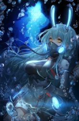 Rule 34 | 1girl, absurdres, air bubble, animal ears, azur lane, blue hair, boise (azur lane), breasts, bubble, covered mouth, dress, fake animal ears, gloves, glowing, glowing ears, highres, huge filesize, large breasts, light blue hair, limi, long hair, looking at viewer, mechanical ears, microdress, oxygen mask, oxygen tank, rabbit ears, scuba tank, solo, thighhighs, underwater, very long hair, white gloves, yellow eyes