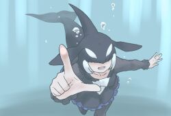 Rule 34 | 1girl, black dress, black hair, black pantyhose, blowhole, blunt bangs, blush, breasts, cetacean tail, dorsal fin, dress, fins, fish tail, frilled dress, frilled sleeves, frills, gravi pig4891, hair over eyes, head fins, highres, kemono friends, long sleeves, medium breasts, multicolored hair, orca (kemono friends), pantyhose, pointing, reaching, reaching towards viewer, short hair, sidelocks, solo, swimming, tail, two-tone dress, two-tone hair, underwater, whale girl, white dress, white hair
