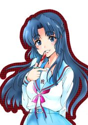 Rule 34 | 1girl, asakura ryouko, blood, blue eyes, blue hair, half updo, highres, kawanuma k, knife, long hair, school uniform, serafuku, smile, suzumiya haruhi no yuuutsu