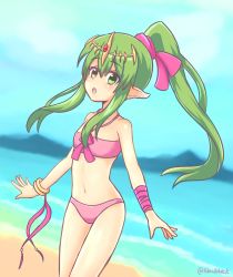 Rule 34 | 1girl, bare shoulders, beach, blush, bracelet, collarbone, fire emblem, fire emblem heroes, green eyes, green hair, highres, jewelry, legs together, linea alba, long hair, long pointy ears, looking at viewer, nan0teck, navel, nintendo, ocean, outdoors, parted lips, pointy ears, ponytail, sidelocks, solo, straddling, swimsuit, teeth, tiara, tiki (fire emblem), tiki (young) (fire emblem), twitter username, upper teeth only