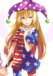 Rule 34 | 1girl, american flag dress, american flag legwear, blonde hair, clownpiece, collar, deetamu, dress, fire, frilled collar, frilled shirt collar, frills, hat, jester cap, long hair, looking at viewer, neck ruff, open mouth, pantyhose, polka dot, red eyes, short dress, short sleeves, simple background, solo, standing, star (symbol), striped clothes, striped pantyhose, torch, touhou, white background