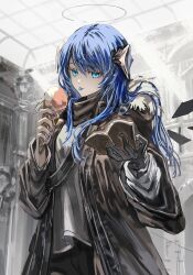 Rule 34 | 1girl, absurdres, black gloves, blue eyes, blue hair, blue nails, blue tongue, book, brown coat, brown scarf, coat, colored tongue, cowboy shot, eating, food, fur-trimmed hood, fur trim, gawako, gloves, halo, highres, holding, hood, horns, ice cream, ice cream cone, indoors, light rays, long hair, looking at viewer, nail polish, open book, original, pillar, scarf, shirt, single glove, solo, standing, tongue, tongue out, white shirt, wide sleeves