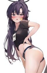 Rule 34 | 1girl, absurdres, ass, black shirt, blue archive, blue buruma, blue eyes, blush, buruma, collarbone, commentary, gym uniform, halo, hand on own hip, highres, id card, lanyard, long hair, looking at viewer, navel, official alternate costume, parted lips, ponytail, purple hair, scarlet (wv0102), shirt, short sleeves, simple background, solo, star sticker, sticker on face, stomach, teeth, tied shirt, upper teeth only, white background, yuuka (blue archive), yuuka (track) (blue archive)