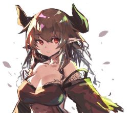 Rule 34 | 1girl, breasts, brown dress, brown hair, cleavage, closed mouth, collarbone, curled horns, detached sleeves, dress, hair between eyes, horns, large breasts, long hair, long sleeves, looking at viewer, original, petals, pointy ears, red eyes, solo, strapless, strapless dress, white background, yuuji (yukimimi)