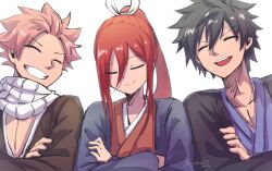 Rule 34 | 1girl, 2boys, artist name, black hair, black kimono, blue kimono, closed eyes, erza scarlet, fairy tail, gray fullbuster, grin, hair ribbon, happy, japanese clothes, kimono, long hair, multiple boys, natsu dragneel, open mouth, pink hair, ponytail, red hair, red kimono, reytsu, ribbon, scarf, short hair, simple background, smile, spiked hair, teeth, upper body, upper teeth only, white background, white ribbon, white scarf