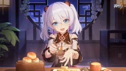 Rule 34 | 1girl, architecture, blue eyes, breasts, chinese clothes, earrings, east asian architecture, eyeliner, food, happy, highres, honkai (series), honkai impact 3rd, indoors, jewelry, logo, looking at viewer, nail polish, night, official art, official wallpaper, open hand, open mouth, red eyeliner, serving, sitting, small breasts, smile, solo, table, theresa apocalypse, twintails, vase, white hair, zhuge kongming (honkai impact)