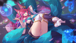 Rule 34 | 1girl, ahri (league of legends), animal ears, aqua eyes, ass, breasts, detached sleeves, dress, energy ball, facial mark, feet, flower, fox ears, fox girl, fox tail, gold trim, hair between eyes, hitodama, knees up, kyuubi, large breasts, league of legends, legs, lily pad, lying, mitsu (mitsu art), multiple tails, nail polish, no shoes, off shoulder, official alternate costume, on back, panties, partially visible vulva, pink hair, soles, solo, spirit blossom ahri, spread toes, tabi, tail, thighhighs, thighs, toes, underwear, water, whisker markings, white dress, white panties, white thighhighs, wide sleeves