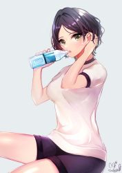 Rule 34 | 10s, 1girl, arm up, artist name, black hair, bottle, breasts, drinking, grey background, gym uniform, tucking hair, hand up, hayami kanade, highres, holding, holding bottle, idolmaster, idolmaster cinderella girls, looking at viewer, mairo, medium breasts, parted lips, shirt, short hair, short sleeves, shorts, signature, simple background, sitting, solo, thighs, water bottle, white shirt, yellow eyes