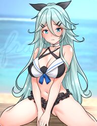 1girl adapted_costume beach bikini bikini_skirt black_bikini black_ribbon blue_sky blush breasts choker cleavage day frilled_bikini frills furaggu_(frag_0416) green_eyes green_hair hair_between_eyes hair_flaps hair_ornament hair_ribbon hairclip highres kantai_collection looking_at_viewer medium_breasts navel ocean outdoors ribbon sailor_bikini sailor_collar sand sitting sky solo swimsuit water white_choker yamakaze_(kancolle) yamakaze_(swimsuit_mode)_(kancolle)