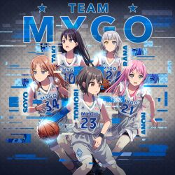 5girls adidas ball bang_dream! bang_dream!_it&#039;s_mygo!!!!! basketball basketball_(object) basketball_jersey blue_eyes brown_hair chihaya_anon closed_mouth grey_hair heterochromia highres kaname_raana kia_(company) long_hair looking_at_viewer multiple_girls mygo!!!!!_(bang_dream!) nagasaki_soyo national_basketball_association open_mouth pink_hair shiina_taki shirt short_hair takamatsu_tomori white_hair yazawa_happyaro yellow_eyes