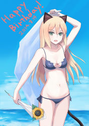 Rule 34 | 1girl, animal ears, beach, bikini, blonde hair, blue bikini, blue sky, blush, cat ears, cat tail, collarbone, cowboy shot, dated, day, flower, green eyes, happy birthday, heinrike prinzessin zu sayn-wittgenstein, holding, holding flower, imochitan, imotitan, long hair, looking at viewer, noble witches, ocean, open mouth, outdoors, sky, smile, solo, strike witches, sunflower, swimsuit, tail, water, world witches series