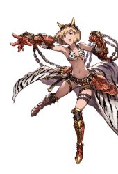 Rule 34 | 10s, 1girl, alpha transparency, animal print, armor, armored boots, bikini, blonde hair, boots, clenched hand, djeeta (granblue fantasy), fake horns, front-tie bikini top, front-tie top, full body, gauntlets, granblue fantasy, hairband, horns, minaba hideo, official art, ogre (granblue fantasy), open mouth, outstretched arm, red footwear, short hair, solo, swimsuit, thigh strap, transparent background, zebra print