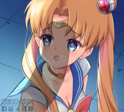 Rule 34 | 1girl, artist name, bishoujo senshi sailor moon, blonde hair, blue eyes, blue sailor collar, bow, breasts, breath, choker, cleavage, collarbone, derivative work, double bun, earrings, gloves, heart, heart-shaped pupils, highres, jewelry, long hair, looking at penis, magical girl, meme, neho-kun, penis awe, penis shadow, red bow, red choker, sailor collar, sailor moon, sailor moon redraw challenge (meme), sailor senshi, sailor senshi uniform, saliva, shadow, solo, symbol-shaped pupils, tagme, twintails