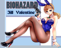 Rule 34 | 1girl, animal ears, bare shoulders, blue background, blue eyes, blue leotard, blue nails, breasts, brown hair, brown pantyhose, character name, christian louboutin (brand), cleavage, commentary request, copyright name, crossed legs, detached collar, fake animal ears, full body, gun, handgun, high heels, holding, holding gun, holding weapon, jill valentine, large breasts, leotard, long hair, long legs, looking at viewer, low ponytail, nagare, nail polish, pantyhose, pinup (style), pistol, playboy bunny, rabbit ears, red soles, resident evil, resident evil 5, solo, stiletto heels, strapless, strapless leotard, trigger discipline, weapon, wrist cuffs