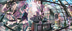 Rule 34 | 1girl, 4boys, black cat, black thighhighs, bow, cactus, cat, clock, computer, figure, floppy disk, flower, gas mask, hair bow, highres, john hathway, lingerie, long hair, looking at viewer, mask, monitor, multiple boys, off shoulder, original, parted lips, purple eyes, purple hair, rose, screwdriver, sign, thighhighs, underwear, vacuum tube, warning sign, watermark, wrench