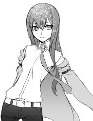 1girl belt female_focus greyscale jacket long_hair makise_kurisu monochrome necktie shorts simple_background smile solo steins;gate unagimaru white_background