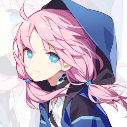 Rule 34 | 1girl, arknights, blue eyes, blue jacket, blue poison (arknights), choker, hood, hooded jacket, jacket, long hair, looking at viewer, low twintails, pink hair, portrait, quan (kurisu tina), shirt, solo, twintails, white shirt, zoom layer