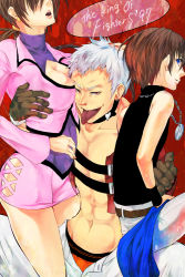 Rule 34 | 1girl, 2boys, brown hair, chris, multiple boys, nanakase yashiro, open mouth, shermie (kof), snk, the king of fighters, white hair
