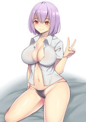 Rule 34 | 1girl, absurdres, arm at side, bare legs, black panties, breasts, cleavage, closed mouth, collared shirt, commentary, gridman universe, hand up, highres, large breasts, looking at viewer, navel, panties, purple hair, red eyes, shinjou akane, shirt, short hair, sitting, smile, solo, ssss.gridman, underwear, v, white-framed eyewear, xllam