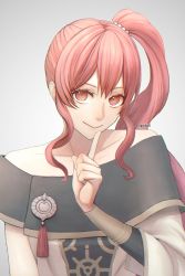 Rule 34 | 1girl, anna (fire emblem), bare shoulders, closed mouth, collarbone, commentary, fire emblem, fire emblem: three houses, grey background, hair between eyes, highres, index finger raised, long hair, looking at viewer, nintendo, off shoulder, pochiz0, ponytail, red eyes, red hair, sidelocks, simple background, smile, solo, twitter username, very long hair