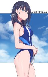 Rule 34 | 1girl, black hair, blue eyes, breasts, closed mouth, commentary request, competition swimsuit, copyright name, gridman universe, highres, long hair, looking at viewer, medium breasts, one-piece swimsuit, showhey!!, solo, ssss.gridman, swim cap, unworn swim cap, swimsuit, takarada rikka, thighs, wet