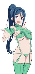 Rule 34 | 1girl, birthday, blue hair, breasts, commentary, detached sleeves, english commentary, green panties, heart, high ponytail, highres, large breasts, long hair, looking at viewer, love live!, love live! sunshine!!, matsuura kanan, pabsmikan, panties, ponytail, purple eyes, sidelocks, solo, underwear, upper body, white background