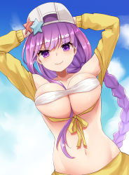 Rule 34 | 1girl, arms behind head, bandeau, bare shoulders, bb (fate), bb (fate) (all), bb (swimsuit mooncancer) (fate), bb (swimsuit mooncancer) (first ascension) (fate), between breasts, bikini, blush, braid, breast lift, breasts, closed mouth, fate/grand order, fate (series), hair between breasts, hat, highres, large breasts, long braid, long hair, looking at viewer, navel, osisio, purple eyes, purple hair, shirt, single braid, skirt, smile, solo, star (symbol), swimsuit, tied shirt, upper body, very long hair, white bikini, white hat, yellow shirt, yellow skirt