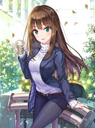 Rule 34 | 1girl, belt, blue jacket, blue shorts, blush, breasts, brown hair, cup, denim, green eyes, hamahama, highres, idolmaster, idolmaster cinderella girls, jacket, jeans, long hair, long sleeves, looking at viewer, medium breasts, open clothes, open jacket, open mouth, pants, pantyhose, ribbed sweater, shibuya rin, shorts, smile, solo, sweater, thighs, turtleneck, turtleneck sweater, white sweater