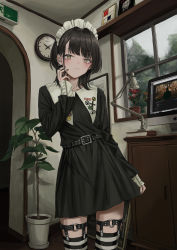 Rule 34 | 1girl, absurdres, apple inc., belt, black belt, black dress, black hair, black nails, book, cabinet, clock, closed mouth, cross, cross earrings, desk lamp, dress, earrings, exit sign, fingernails, gishiki (gshk), hand up, highres, indoors, jewelry, lamp, latin cross, long sleeves, looking at viewer, maid headdress, medium hair, monitor, motorhead, nail polish, original, pin, plant, potted plant, short dress, solo, striped clothes, striped thighhighs, thigh strap, thighhighs, wall clock, window, yellow eyes