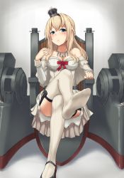 Rule 34 | 10s, 1girl, blonde hair, blue hair, braid, breasts, cleavage, convenient leg, crossed legs, crown, dress, feet, foot focus, garter straps, half updo, highres, jewelry, kantai collection, long sleeves, machinery, mini crown, monoku, necklace, no shoes, red ribbon, ribbon, shoes, single shoe, sitting, soles, solo, thighhighs, toes, warspite (kancolle), white thighhighs