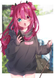 Rule 34 | 1girl, :o, absurdres, black hoodie, blurry, blurry background, blush, border, casual, commentary request, crescent, crescent hair ornament, demon girl, demon horns, pet walking, hair ornament, heterochromia, highres, holding, holding leash, holding phone, hood, hoodie, horns, isuku amako, leash, long hair, looking at viewer, nijisanji, no wings, open mouth, outdoors, outside border, phone, red hair, sleeves past wrists, two side up, virtual youtuber, white border, yuzuki roa