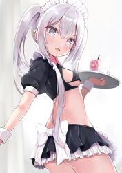 Rule 34 | 1girl, apron, bikini, black bikini, bow, bowtie, breasts, character request, cup, drink, frilled skirt, frills, grey hair, highres, holding, holding tray, juliet sleeves, long sleeves, maid, maid bikini, maid headdress, medium breasts, miniskirt, puffy sleeves, shrug (clothing), siragagaga, skirt, solo, swimsuit, tray, two side up, unconventional maid, waist apron, white apron, wrist cuffs