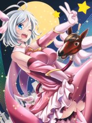 Rule 34 | !, .live, 1girl, ;d, ascot, bacharu (youtube), bare shoulders, blue eyes, blush, breasts, building, cosplay, detached sleeves, dress, eyebrows, fate/kaleid liner prisma illya, fate (series), full moon, gloves, hair ornament, highres, long sleeves, medium breasts, moon, one eye closed, open mouth, orange ascot, pink dress, pink thighhighs, prisma illya, prisma illya (cosplay), short hair, silver hair, dennou shoujo siro, sleeveless, sleeveless dress, smile, sparkle, star (symbol), tanashi (mk2), teeth, thighhighs, tongue, v, virtual youtuber, white gloves, wing hair ornament