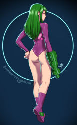 Rule 34 | 1girl, alternate costume, alternate hair color, arm cannon, artist name, ass, back, blue background, blue eyes, boots, clenched hand, emblem, eyebrows, from behind, full body, green hair, hand on own hip, justin bailey, kneepits, leotard, long hair, looking at viewer, looking back, metroid, metroid: zero mission, metroid (classic), neon trim, nintendo, polarityplus, power suit, profile, purple footwear, samus aran, serious, sidelocks, signature, simple background, solo, varia suit, weapon