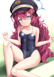 Rule 34 | 1girl, bare arms, bare legs, bare shoulders, black hat, blue archive, blue eyes, blue halo, blue one-piece swimsuit, breasts, closed mouth, clothes pull, collarbone, colored eyelashes, commentary request, feet out of frame, hair between eyes, halo, hands up, hat, highres, iroha (blue archive), knee up, long hair, looking at viewer, niiya, one-piece swimsuit, peaked cap, red hair, sitting, small breasts, smile, solo, swimsuit, very long hair, white background