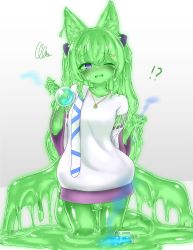 Rule 34 | 1girl, animal ears, blush, collar, commission, curss, fox ears, green hair, highres, holding, holding test tube, jewelry, long hair, looking at viewer, monster girl, necklace, one eye closed, original, parted lips, purple eyes, shirt, skeb commission, slime girl, solo, test tube, white shirt