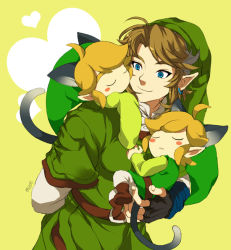 Rule 34 | 3boys, animal ears, blonde hair, blue eyes, carrying, earrings, gloves, hat, jewelry, link, male focus, multiple boys, multiple persona, muse (rainforest), nintendo, pointy ears, sleeping, smile, tail, the legend of zelda, the legend of zelda: the wind waker, the legend of zelda: twilight princess, toon link