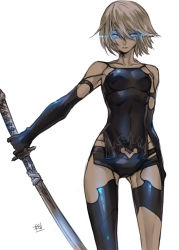 Rule 34 | 1girl, android, armlet, bad id, bad pixiv id, blue eyes, breasts, collarbone, elbow gloves, eyelashes, gloves, glowing, glowing eyes, highres, holding, holding sword, holding weapon, katana, mole, mole under mouth, nier (series), nier:automata, patterned clothing, short hair, short shorts, shorts, small breasts, solo, standing, sword, tank top, text focus, thighs, tombsakura, weapon, white background, white hair, a2 (nier:automata)