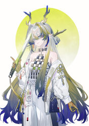 Rule 34 | 1girl, absurdres, arknights, bare shoulders, bead necklace, beads, blonde hair, blue eyes, choker, cowboy shot, echj, grey eyes, grey hair, hair intakes, highres, horns, jacket, jewelry, long hair, long sleeves, looking at viewer, necklace, off shoulder, open clothes, open jacket, pants, pointy ears, shu (arknights), solo, standing, strapless, tube top, very long hair, white jacket, white pants