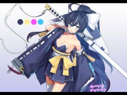 Rule 34 | + +, 1girl, ahoge, animal ears, azur lane, bare shoulders, black hair, blue eyes, blush, breasts, closed mouth, collarbone, detached sleeves, dutch angle, gradient background, hair between eyes, hair ribbon, highres, holding, holding sword, holding weapon, japanese clothes, katana, kimono, letterboxed, long hair, looking at viewer, multicolored hair, ponytail, ribbon, single thighhigh, small breasts, star-shaped pupils, star (symbol), streaked hair, sugita ranpaku, sword, symbol-shaped pupils, thighhighs, twitter username, very long hair, weapon, white thighhighs, wide sleeves, yoizuki (azur lane)