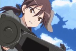 Rule 34 | angry, animal ears, animated, animated gif, brown hair, dog ears, double-drum magazine, drum magazine, firing, general-purpose machine gun, gertrud barkhorn, gun, high-capacity magazine, lowres, machine gun, magazine (weapon), mg42, military, military uniform, saddle-drum, screencap, strike witches, twintails, uniform, weapon, world witches series