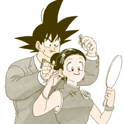 Rule 34 | black hair, chi-chi (dragon ball), chinese clothes, couple, dragon ball, fixing hair, formal, happy, husband and wife, mirror, smile, son goku, suit, tagme