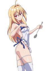 Rule 34 | 1girl, ahoge, apron, ass, blonde hair, blush, breasts, closed mouth, highres, hikikomari kyuuketsuki no monmon, ladle, long hair, looking at viewer, naked apron, no bra, no panties, pointy ears, red eyes, sesshoalex, simple background, small breasts, smile, solo, terakomari gandezblood, thighhighs, white background, white thighhighs