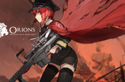 Rule 34 | 10s, 1girl, anti-materiel rifle, barrett m82, black thighhighs, borrowed character, cape, character name, cowboy shot, gun, hat, hms orion (siirakannu), holding, holding weapon, jeanex, kantai collection, original, outdoors, pacific (kancolle), red eyes, red hair, rifle, short hair, sniper rifle, solo, thighhighs, weapon, zettai ryouiki