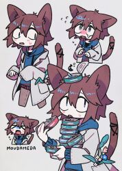 Rule 34 | &gt; &lt;, 1other, @ @, animal ears, black ribbon, blue eyes, blue flower, blue hoodie, blush, brown hair, brown tail, can, can stack, cat ears, cat tail, cattail, cropped legs, cropped torso, crying, drawstring, fang, fangs, flower, flower in pocket, flying sweatdrops, grey background, grey jacket, hands up, highres, holding, holding can, hood, hood down, hoodie, jacket, looking at viewer, looking to the side, matakichi (yaigi), medium hair, multiple views, nervous, nose blush, object on head, open can, open mouth, original, pink flower, plant, ribbon, romaji text, sanpaku, sleeves past wrists, stack, tail, tail ornament, tail ribbon, translation request, white flower, yaigi